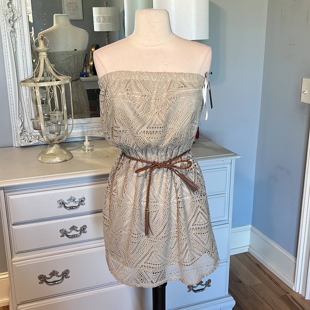 Strapless Dress Khaki Lace A Byer Womens M New Mini